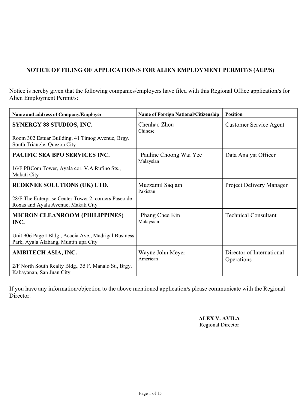 Notice of Filing of Application/S for Alien Employment Permit/S (Aep/S)