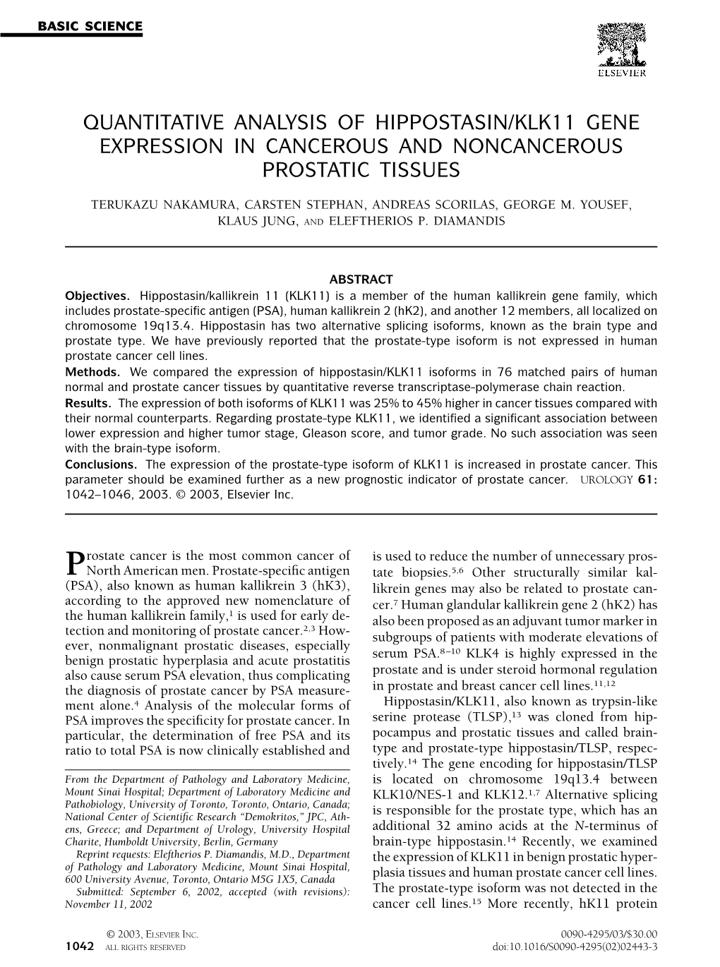 Quantitative Analysis of Hippostasin/Klk11 Gene Expression in Cancerous and Noncancerous Prostatic Tissues