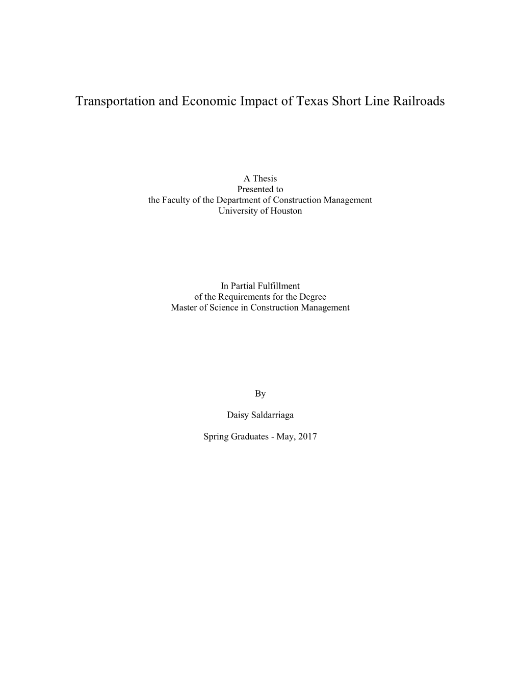 Transportation and Economic Impact of Texas Short Line Railroads