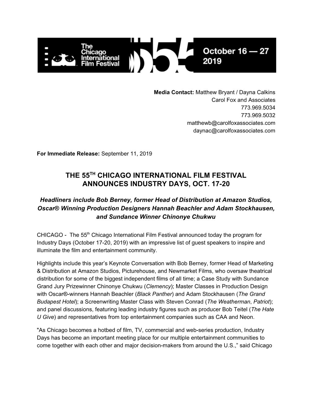 The 55​Th​ Chicago International Film Festival Announces Industry Days, Oct. 17-20