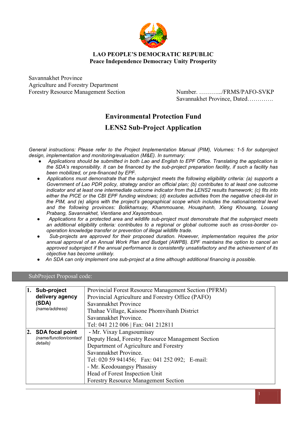 Environmental Protection Fund LENS2 Sub-Project Application