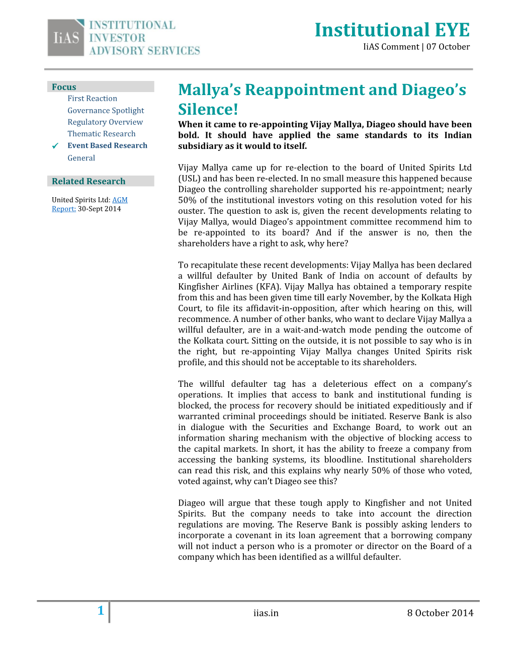 Mallya's Reappointment and Diageo's Silence!