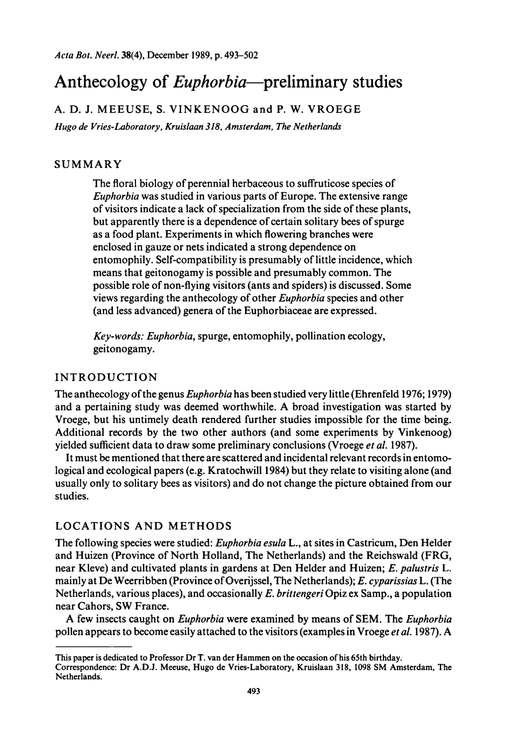 Anthecology of Euphorbia—Preliminary Studies