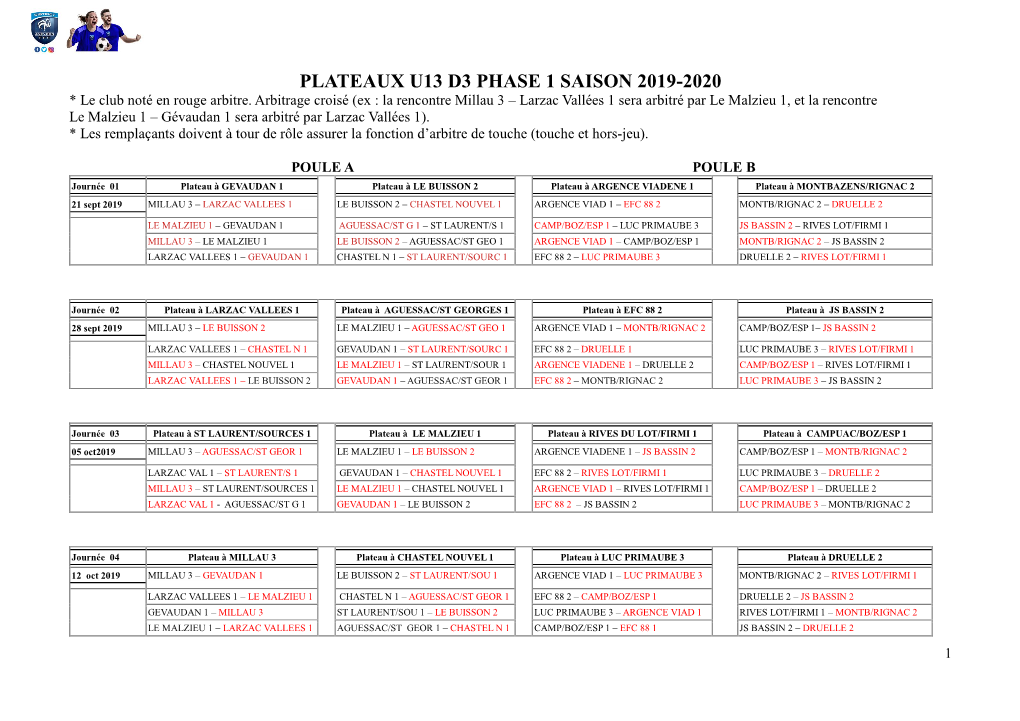 PLATEAUX U13 D3 PHASE 1 SAISON 2019-2020 * Le Club Noté En Rouge Arbitre