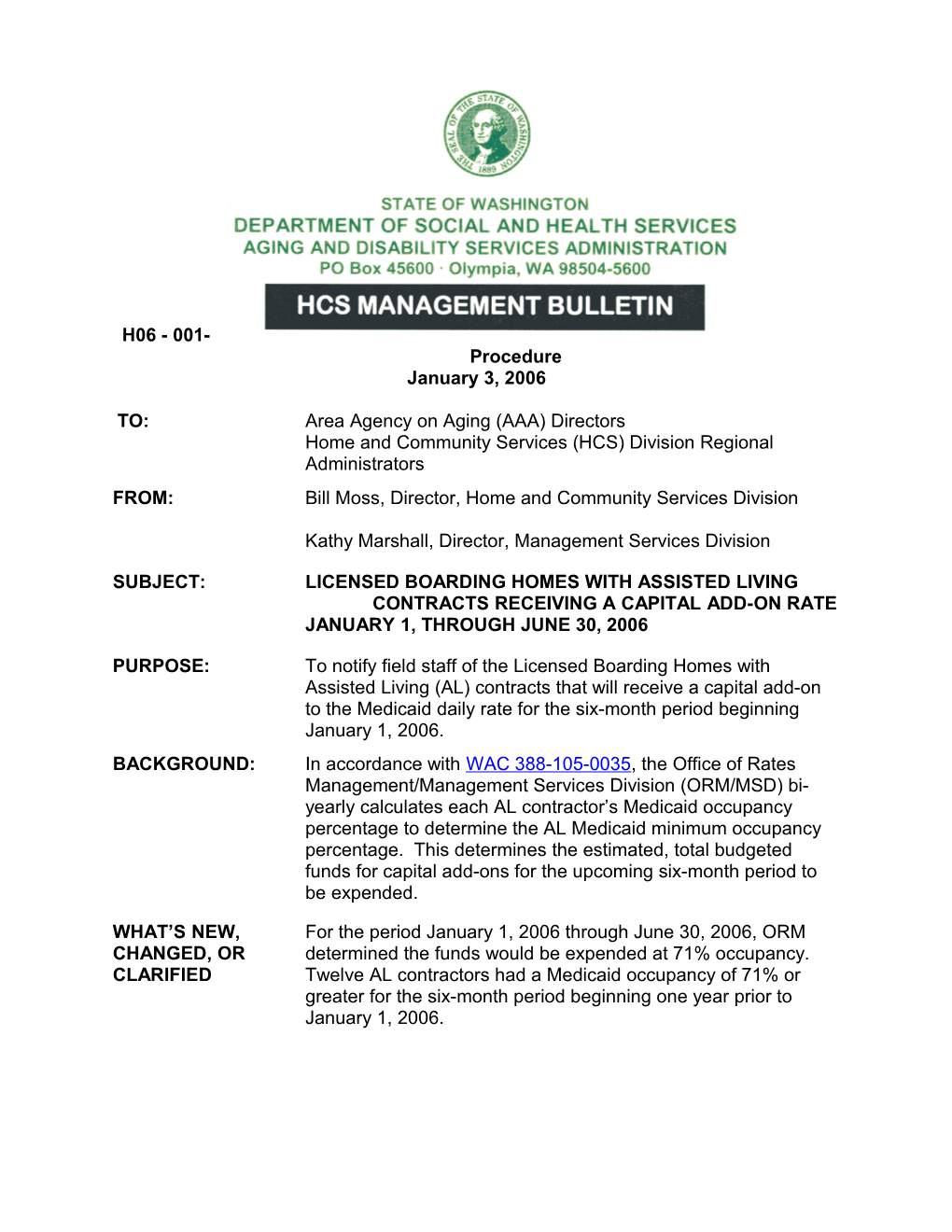 Licensed Boarding Homes with Assisted Living Contracts Receiving a Capital Add-On Rate