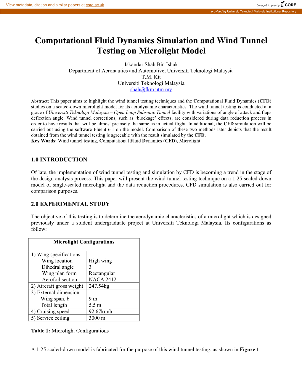 Computational Fluid Dynamics Simulation and Wind Tunnel Testing on Microlight Model