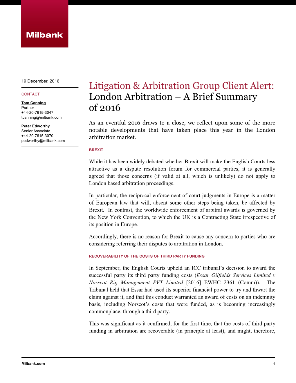 Litigation & Arbitration Group Client Alert: London Arbitration