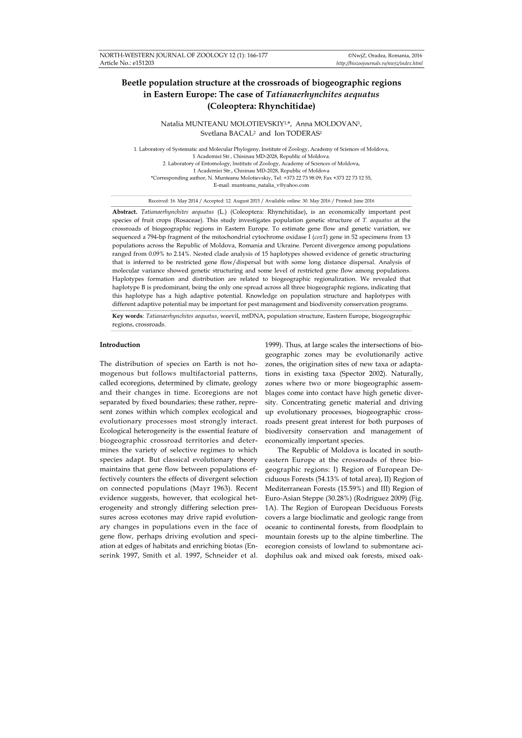 Beetle Population Structure at the Crossroads of Biogeographic Regions in Eastern Europe: the Case of Tatianaerhynchites Aequatus (Coleoptera: Rhynchitidae)