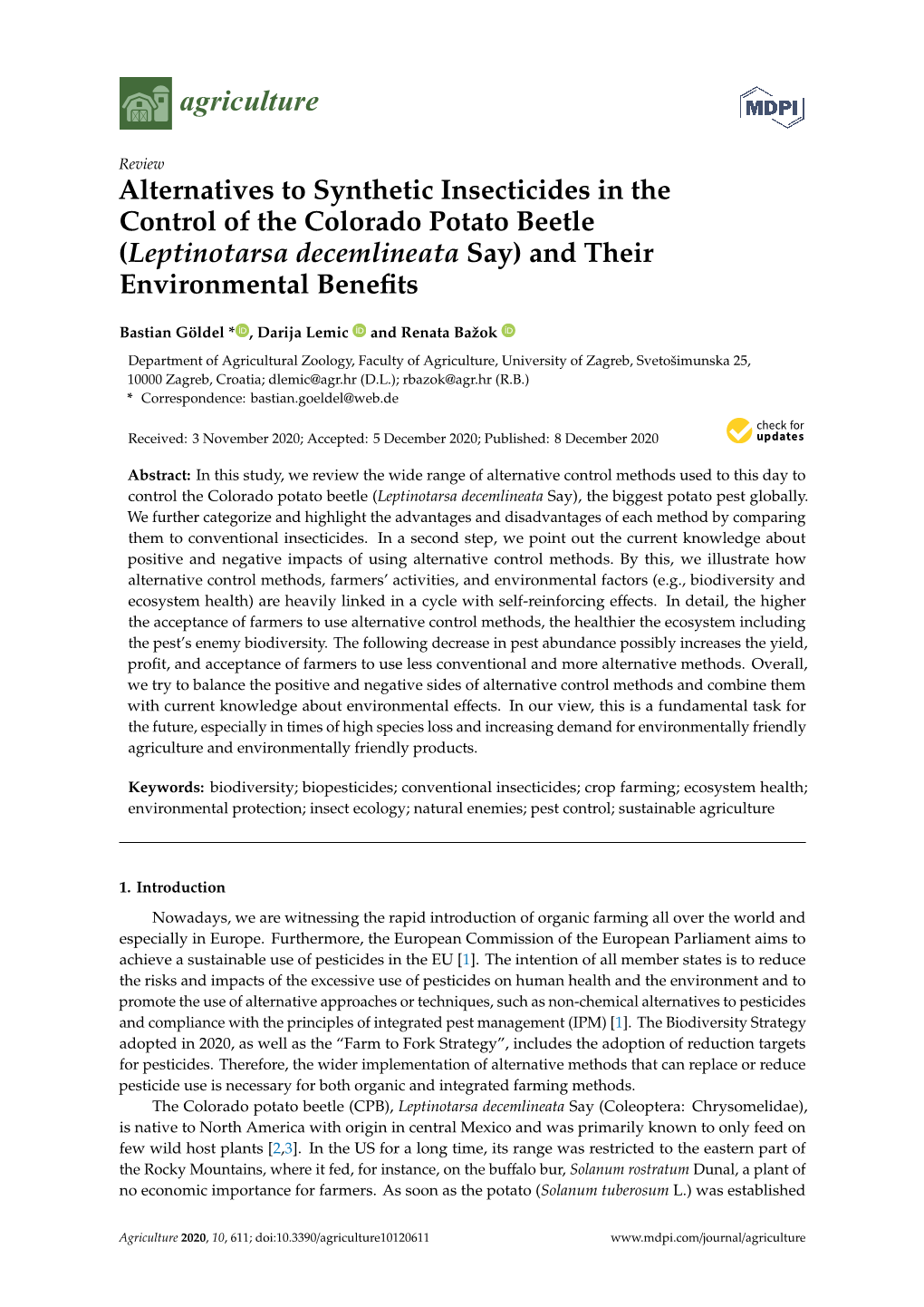 Alternatives to Synthetic Insecticides in the Control of the Colorado Potato Beetle (Leptinotarsa Decemlineata Say) and Their Environmental Beneﬁts