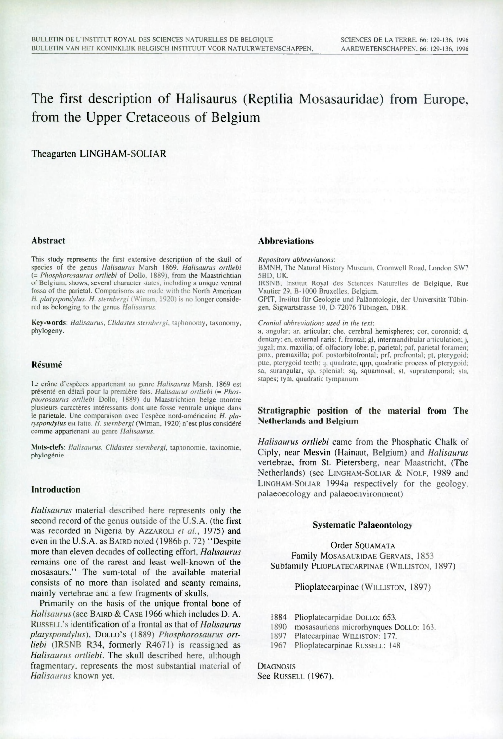 The First Description of Halisaurus (Reptilia Mosasauridae) from Europe, from the Upper Cretaceous of Belgium