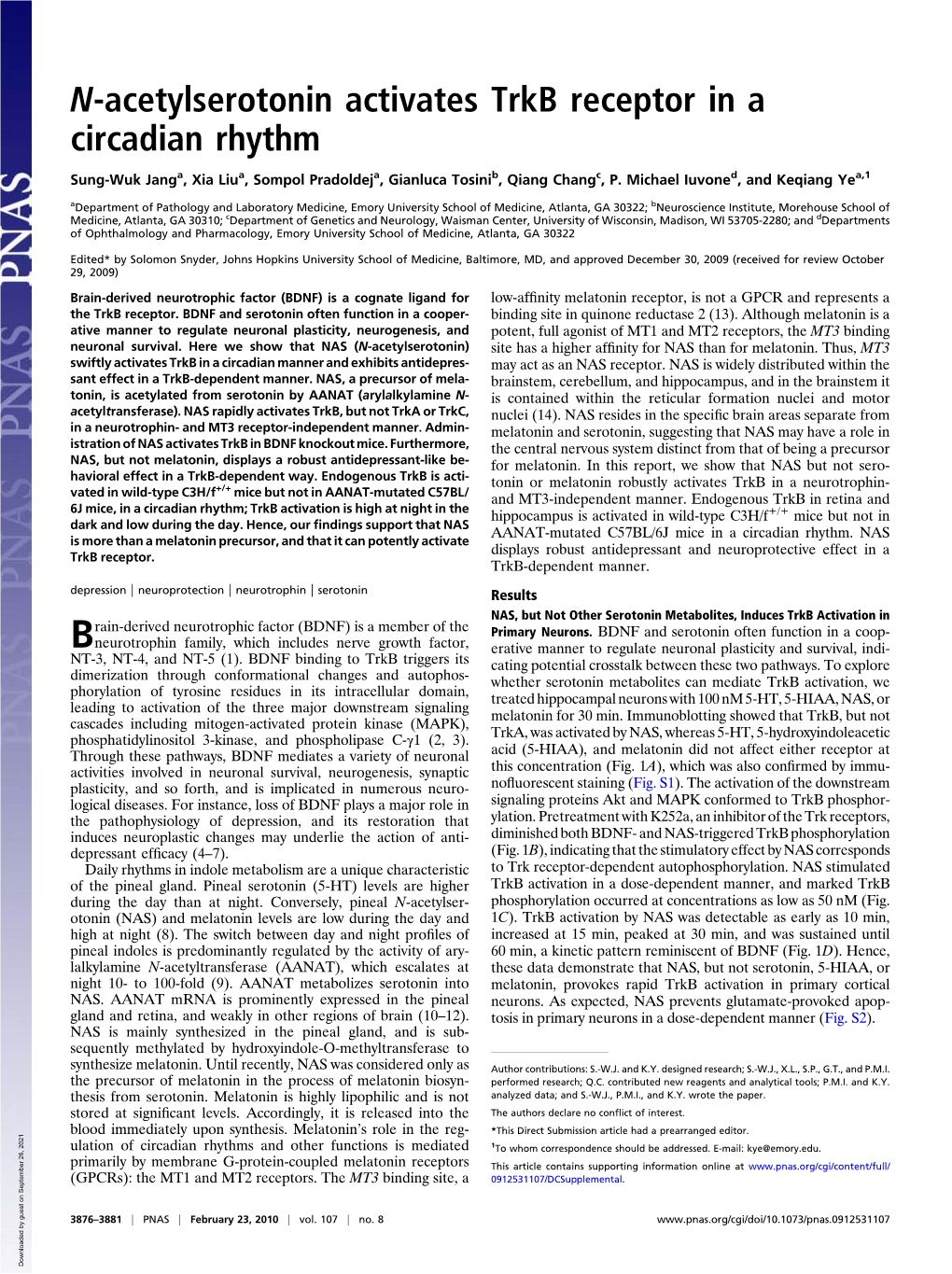 N-Acetylserotonin Activates Trkb Receptor in a Circadian Rhythm