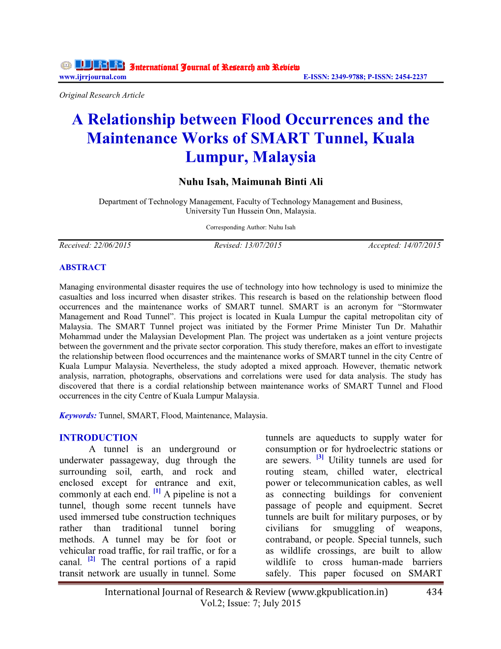 A Relationship Between Flood Occurrences and the Maintenance Works of SMART Tunnel, Kuala Lumpur, Malaysia