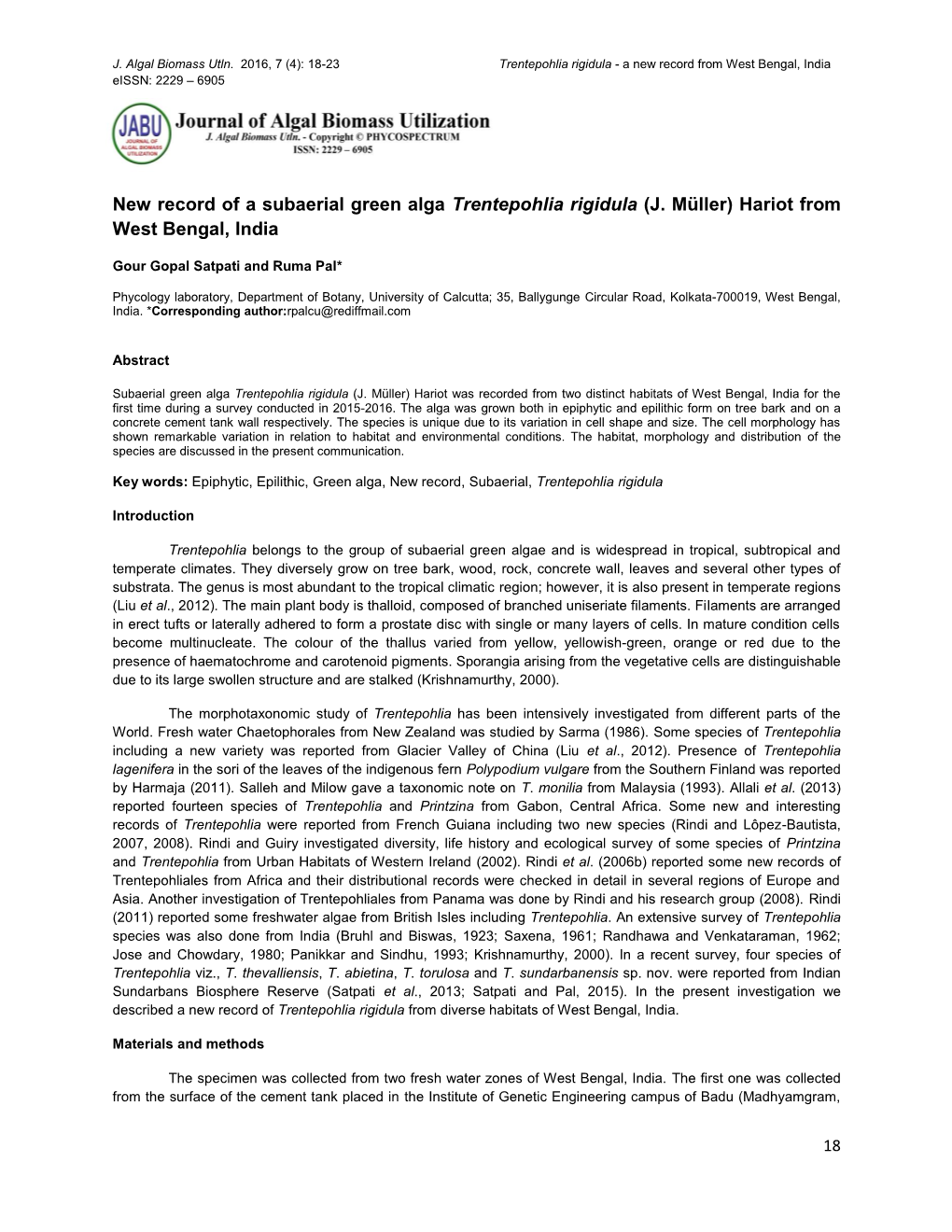 New Record of a Subaerial Green Alga Trentepohlia Rigidula (J. Müller) Hariot from West Bengal, India