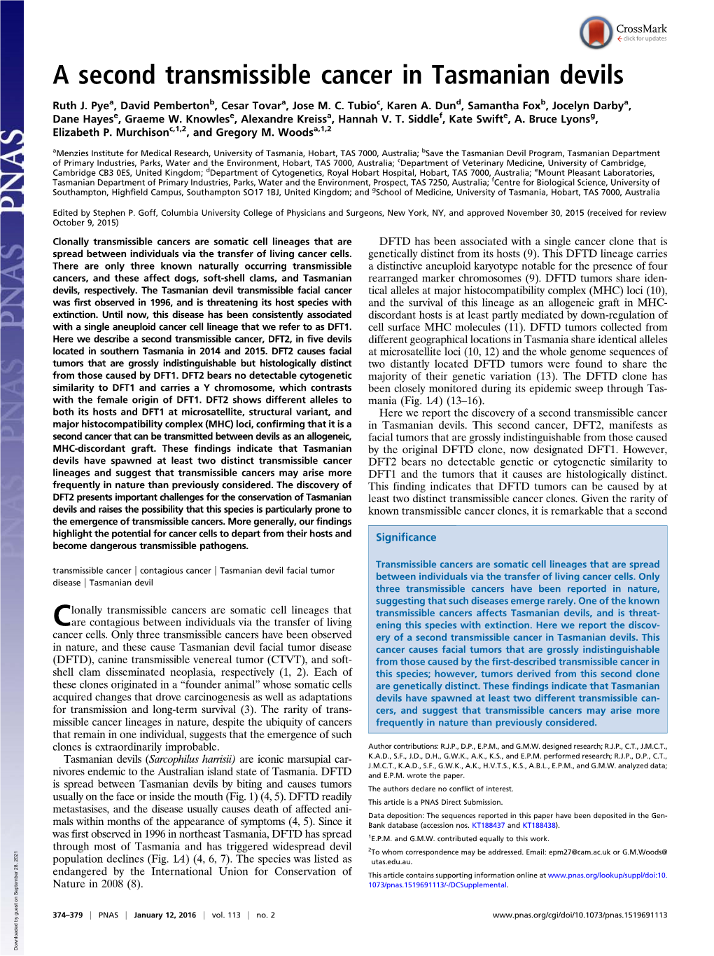 A Second Transmissible Cancer in Tasmanian Devils