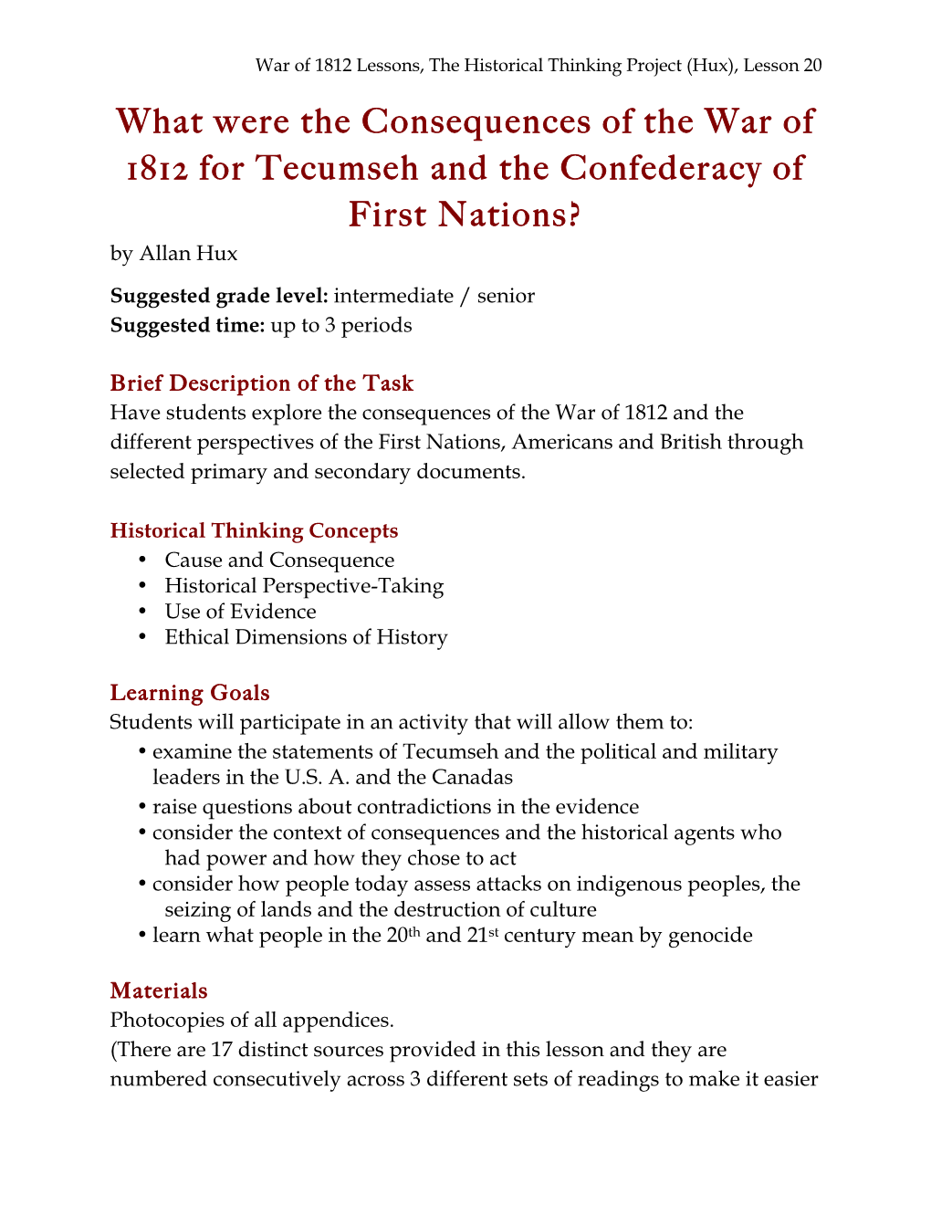 What Were the Consequences of the War of 1812 for Tecumseh and the Confederacy of First Nations? by Allan Hux