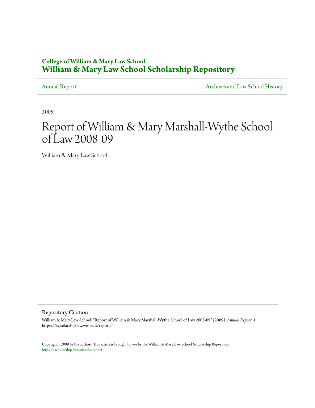 Report of William & Mary Marshall-Wythe School of Law