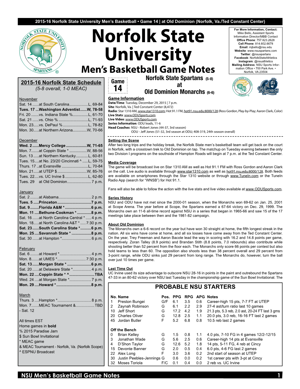 Norfolk State University Men’S Basketball • Game 14 | at Old Dominion (Norfolk, Va./Ted Constant Center)