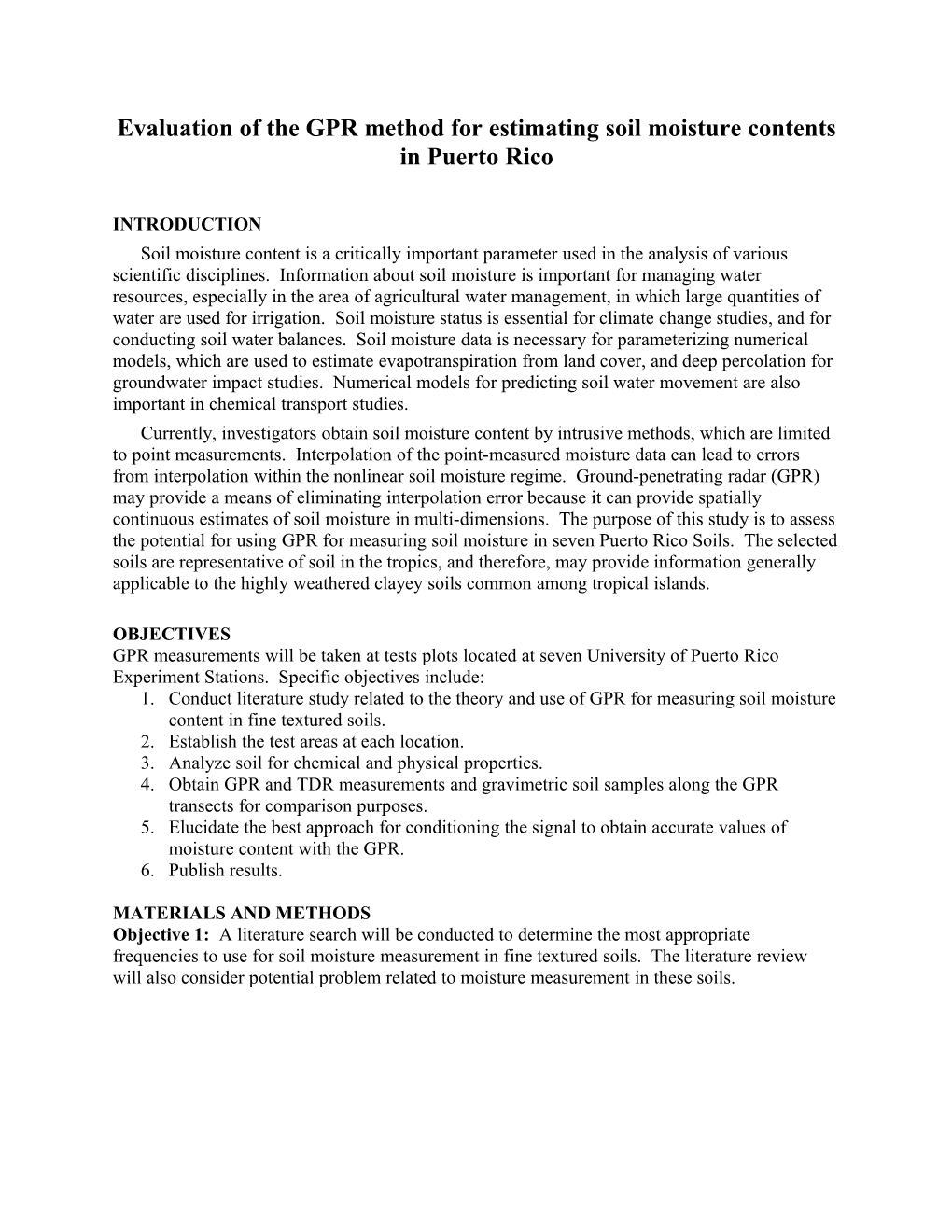 Evaluation of the GPR Method for Estimating Soil Moisture Contents in Puerto Rico