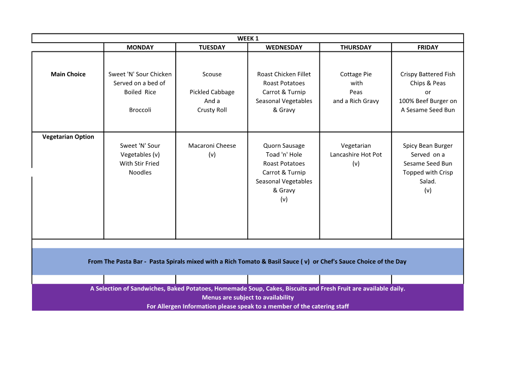 MONDAY TUESDAY WEDNESDAY THURSDAY FRIDAY Main Choice Sweet 'N' Sour Chicken Scouse Roast Chicken Fillet Cottage Pie Crispy Batte