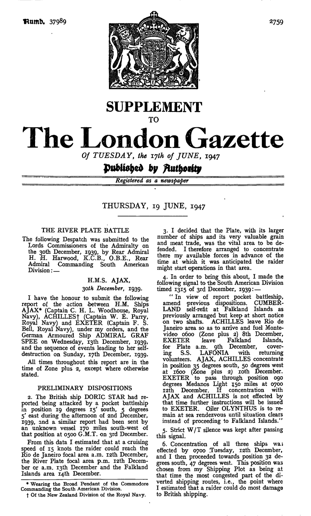The London Gazette of TUESDAY, the 17^ of JUNE, 1947 by Registered As a Newspaper