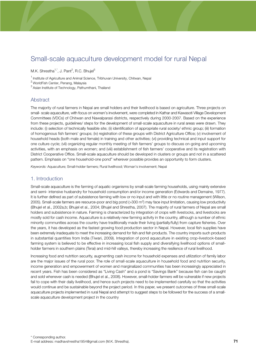 Small-Scale Aquaculture Development Model for Rural Nepal