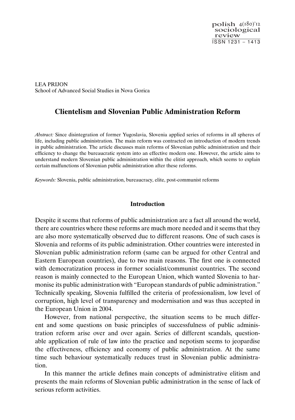 Clientelism and Slovenian Public Administration Reform