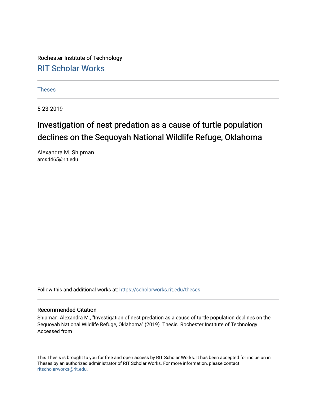 Investigation of Nest Predation As a Cause of Turtle Population Declines on the Sequoyah National Wildlife Refuge, Oklahoma