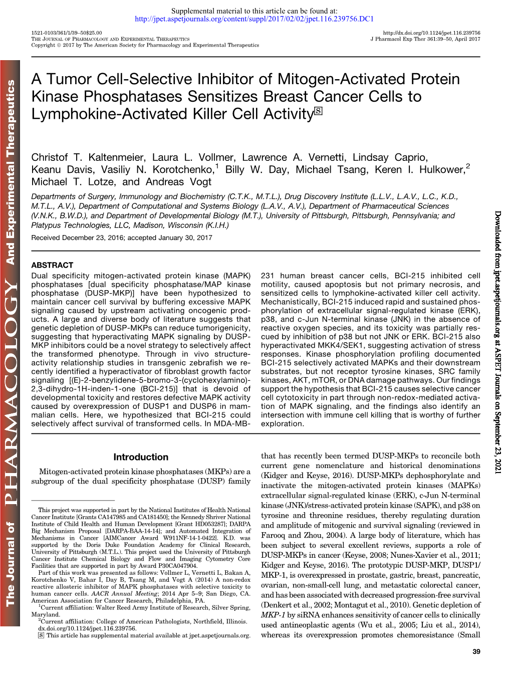 A Tumor Cell-Selective Inhibitor of Mitogen-Activated Protein Kinase Phosphatases Sensitizes Breast Cancer Cells to Lymphokine-Activated Killer Cell Activity S