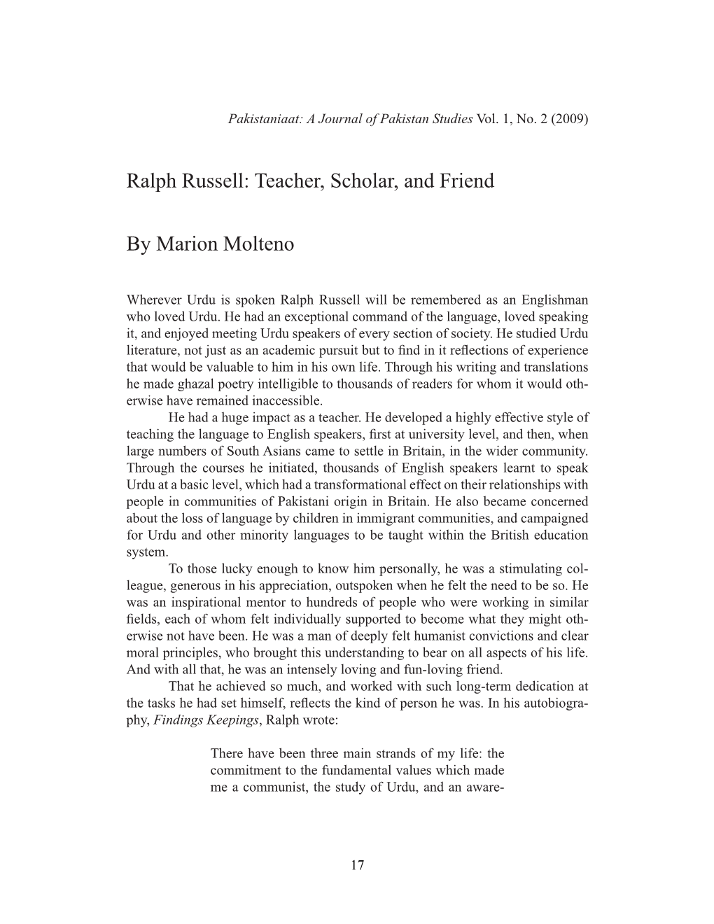 Ralph Russell: Teacher, Scholar, and Friend by Marion Molteno