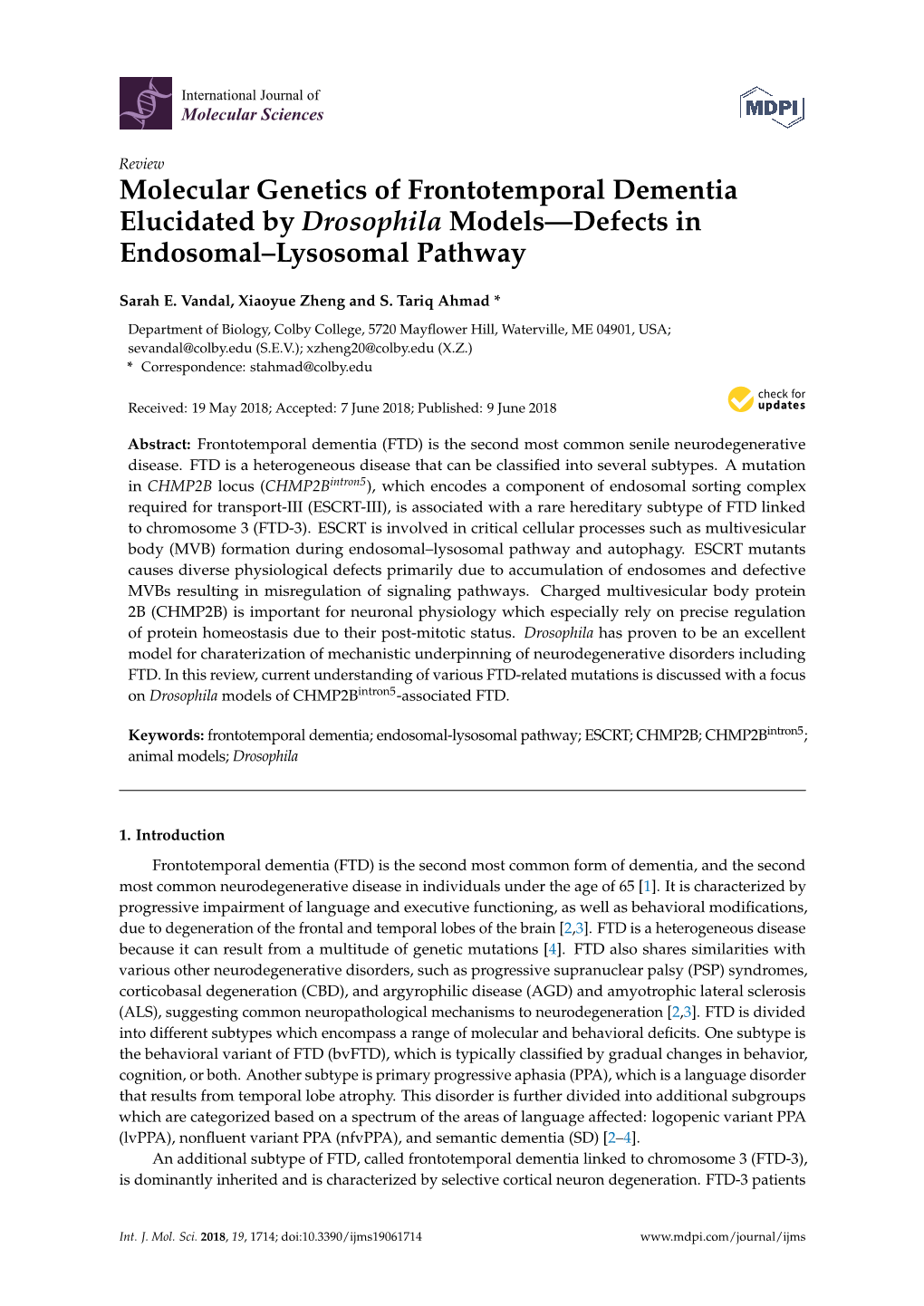 Molecular Genetics of Frontotemporal Dementia Elucidated by Drosophila Models—Defects in Endosomal–Lysosomal Pathway