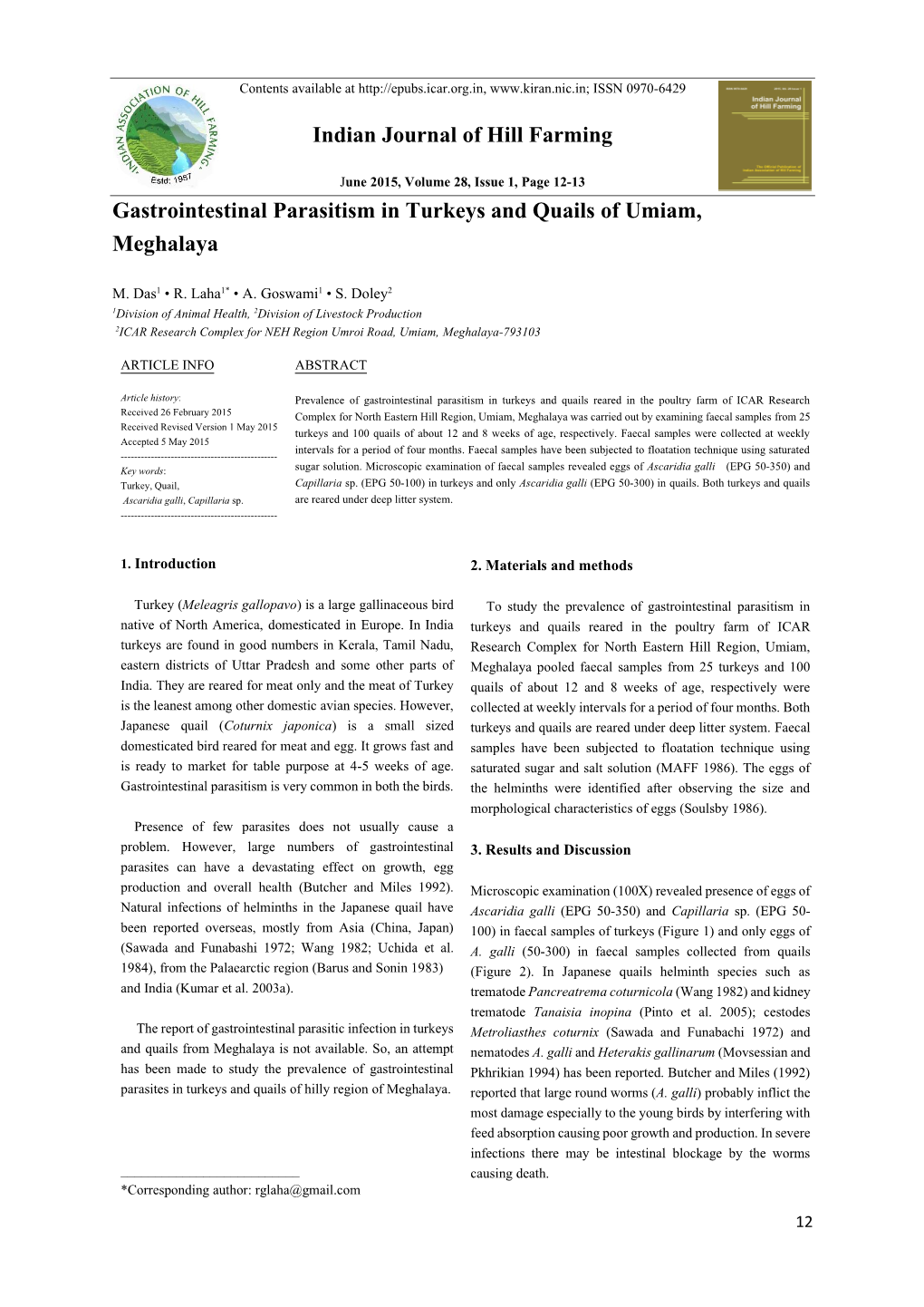 Gastrointestinal Parasitism in Turkeys and Quails of Umiam, Meghalaya