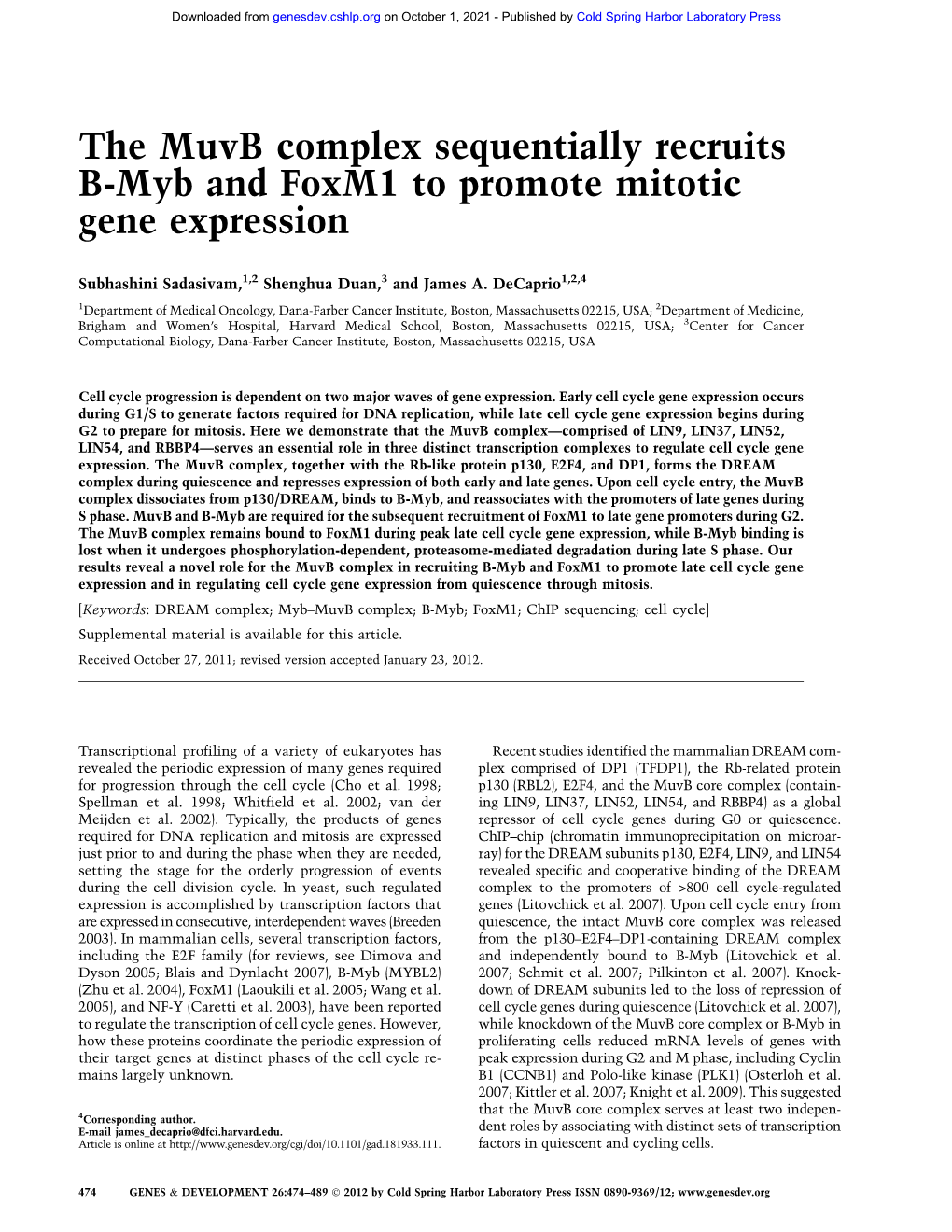 The Muvb Complex Sequentially Recruits B-Myb and Foxm1 to Promote Mitotic Gene Expression