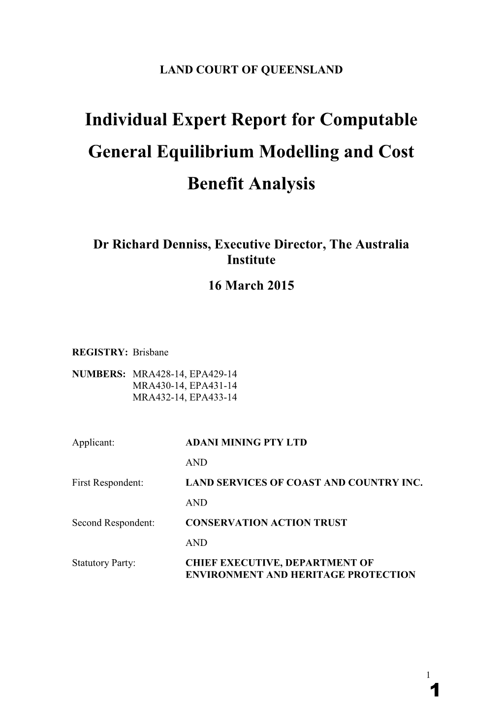 Expert Report of Dr Richard Denniss