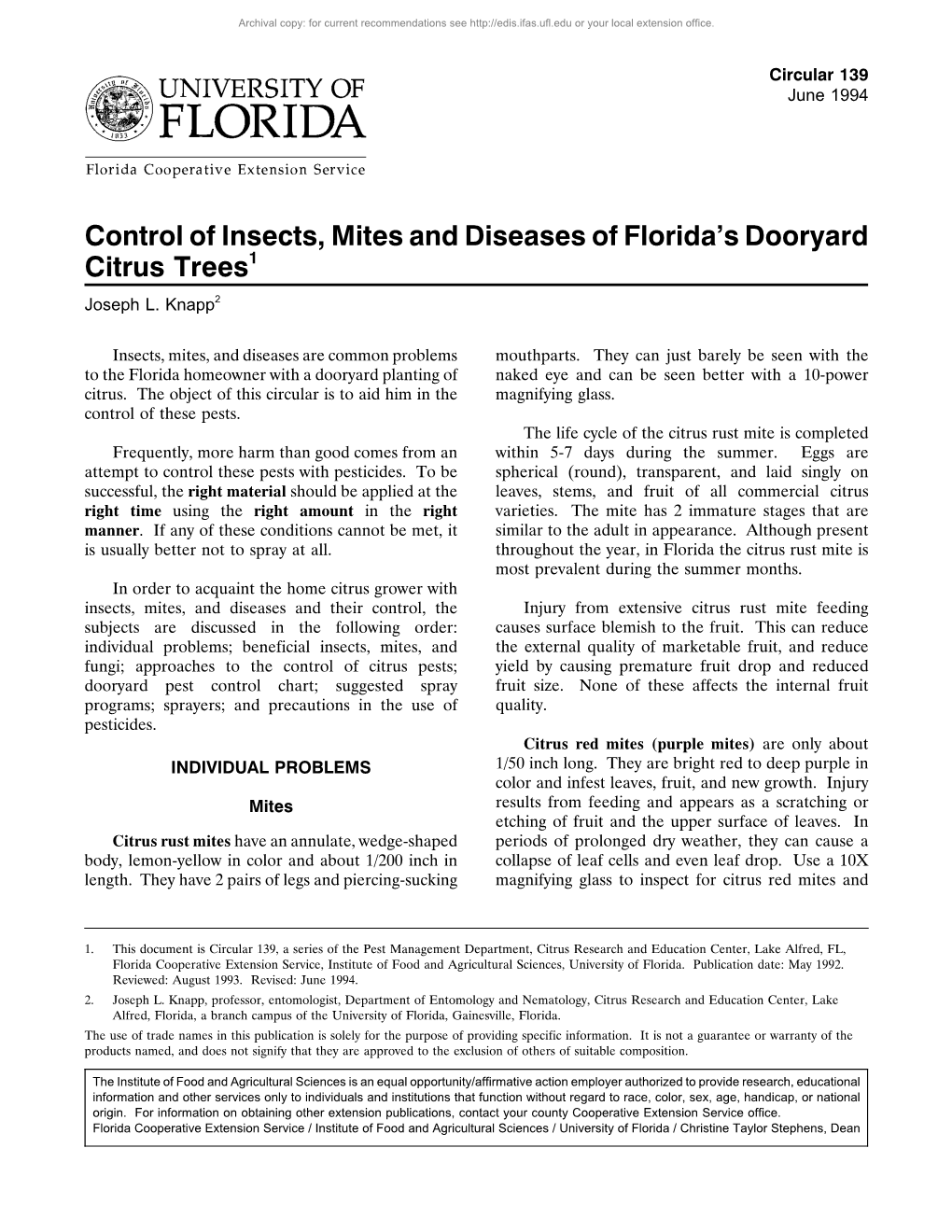 Control of Insects, Mites and Diseases of Florida's Dooryard Citrus Trees