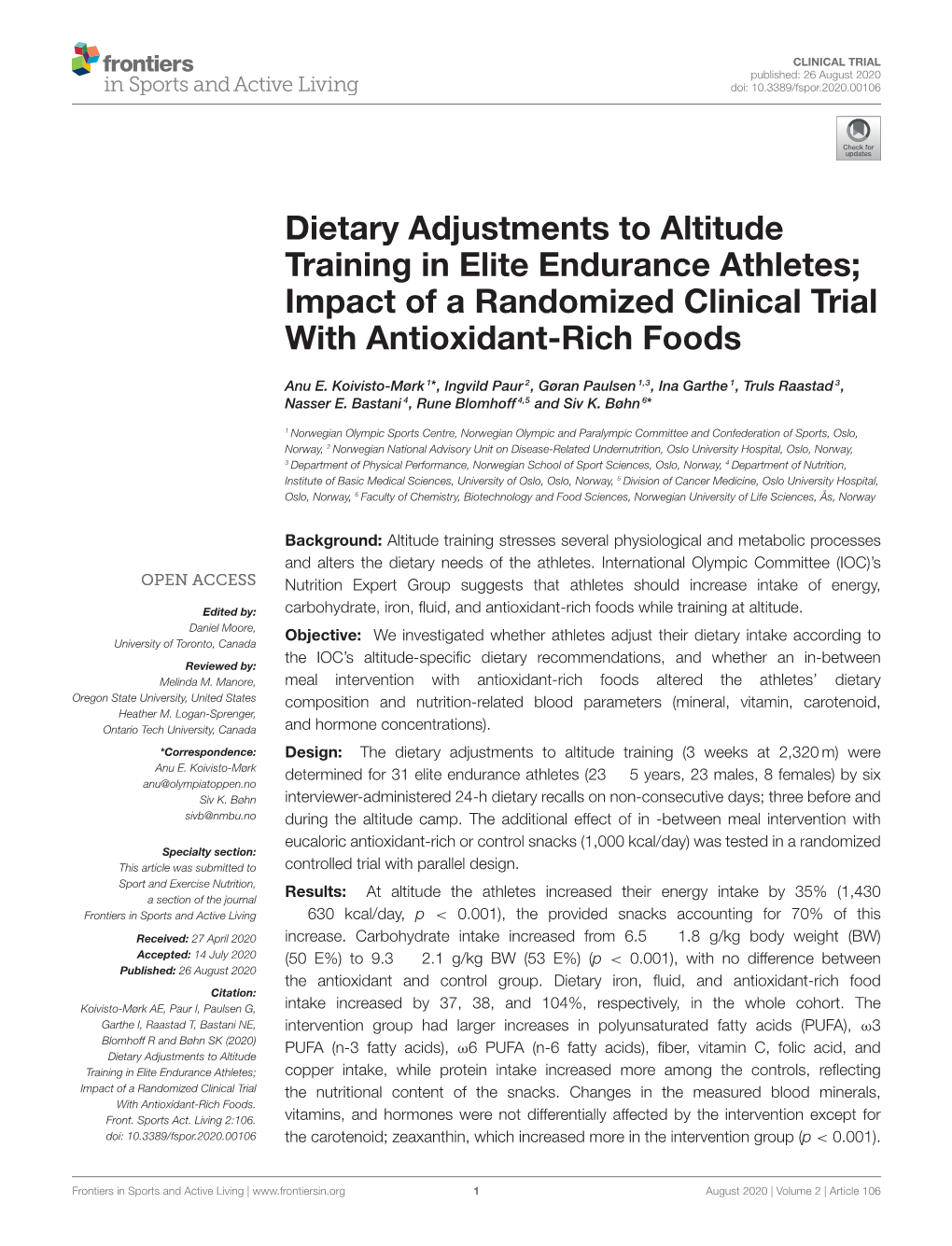 Dietary Adjustments to Altitude Training in Elite Endurance Athletes; Impact of a Randomized Clinical Trial with Antioxidant-Rich Foods