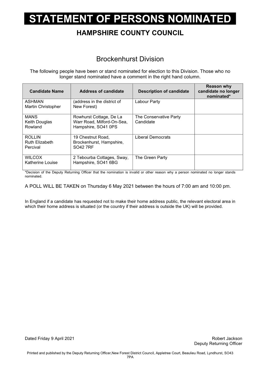 Statement of Persons Nominated Hampshire County Council