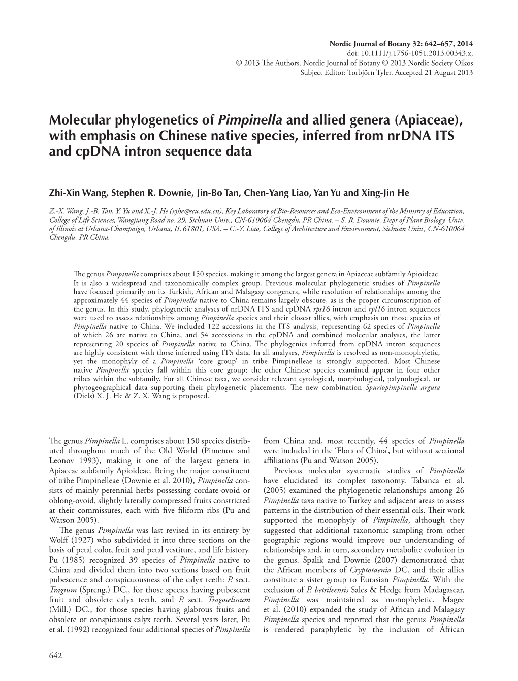 Molecular Phylogenetics of Pimpinella and Allied Genera (Apiaceae), with Emphasis on Chinese Native Species, Inferred from Nrdna ITS and Cpdna Intron Sequence Data