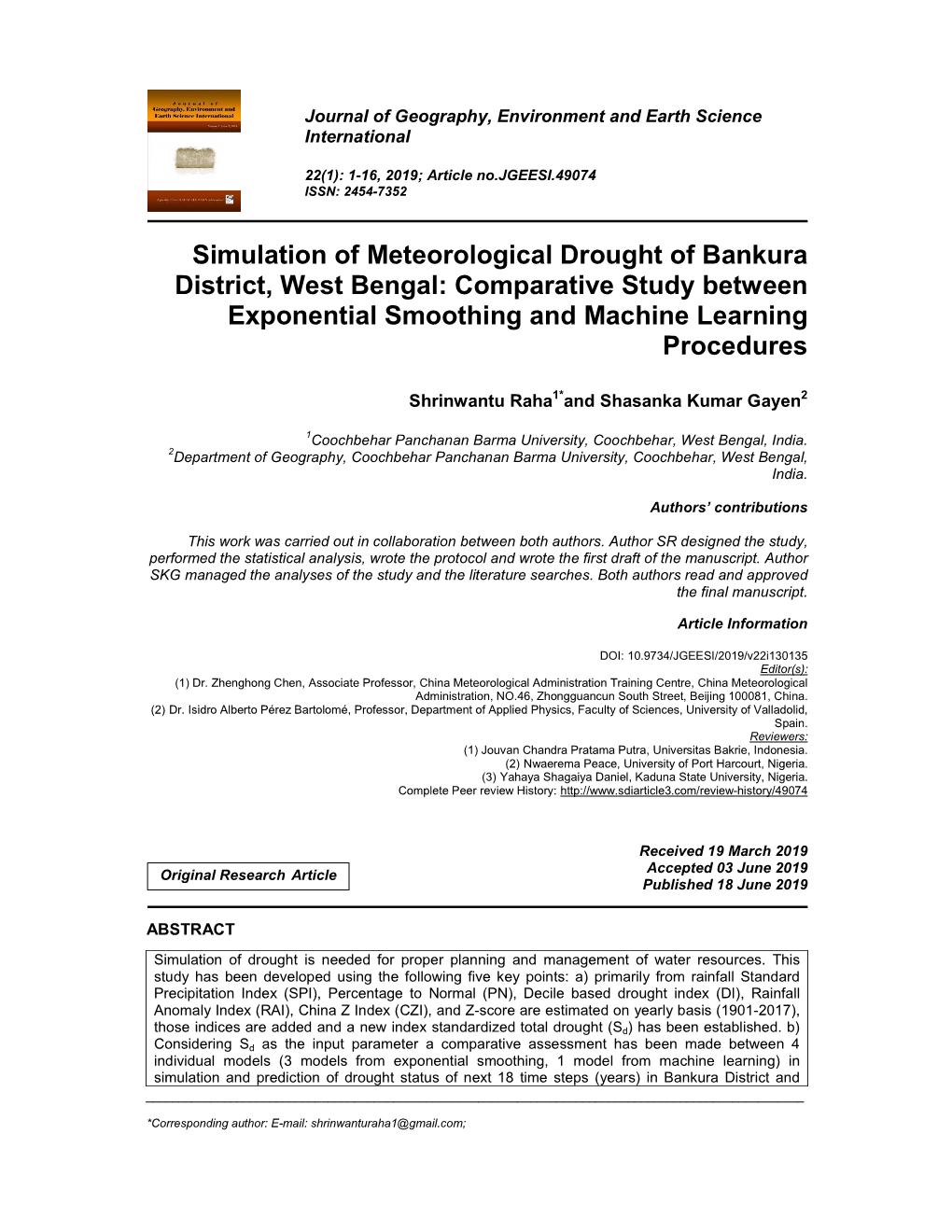 Simulation of Meteorological Drought of Bankura District, West Bengal: Comparative Study Between Exponential Smoothing and Machine Learning Procedures