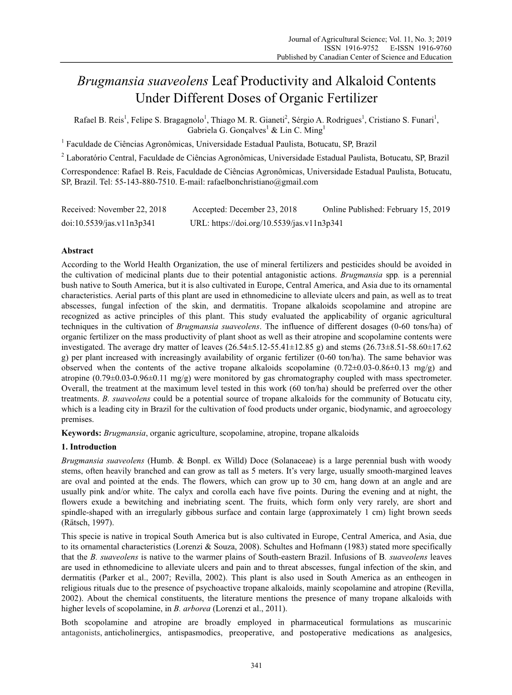 Brugmansia Suaveolens Leaf Productivity and Alkaloid Contents Under Different Doses of Organic Fertilizer