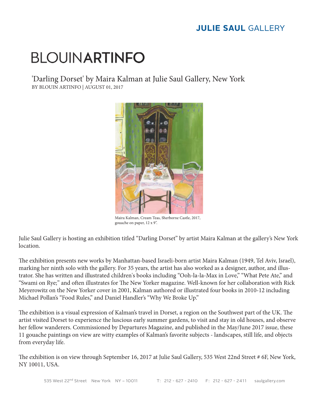 'Darling Dorset' by Maira Kalman at Julie Saul Gallery, New York by BLOUIN ARTINFO | AUGUST 01, 2017
