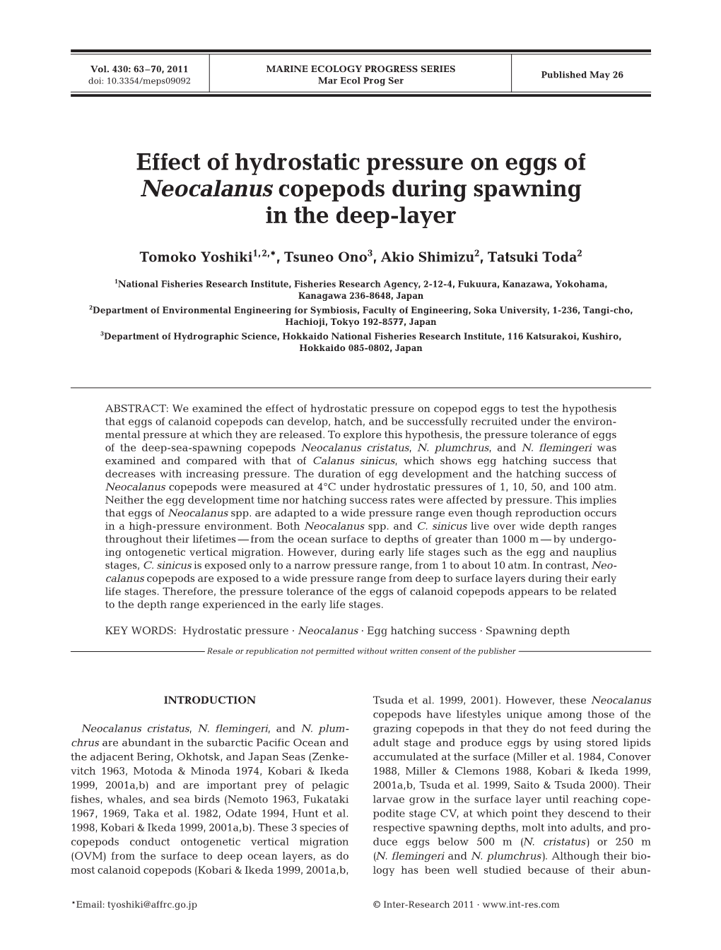 Effect of Hydrostatic Pressure on Eggs of Neocalanus Copepods During Spawning in the Deep-Layer