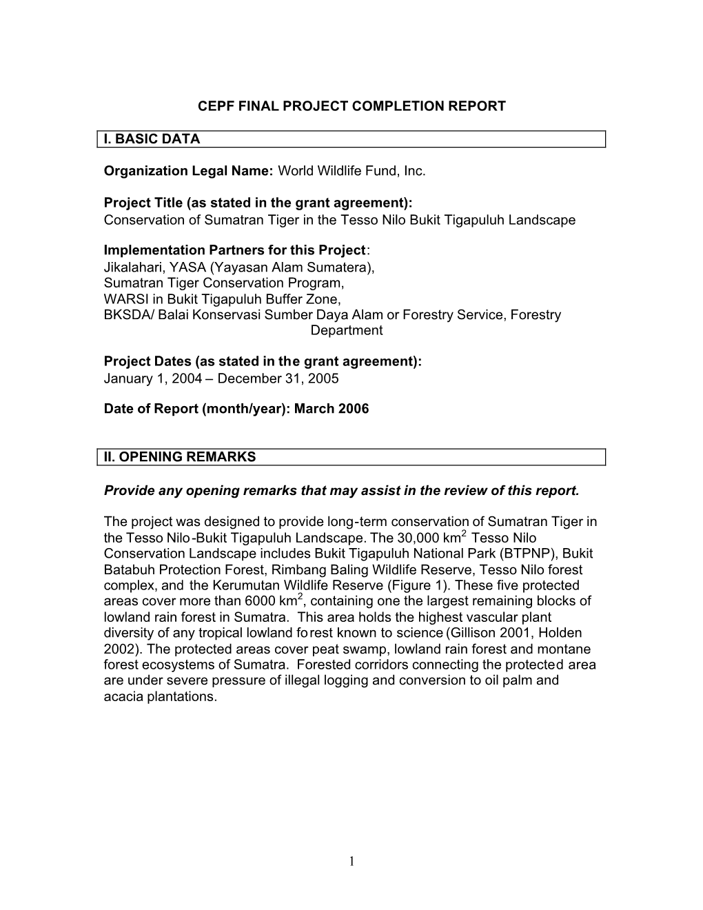 WWF Tesso Nilo Tigers Final Report March 13 2006