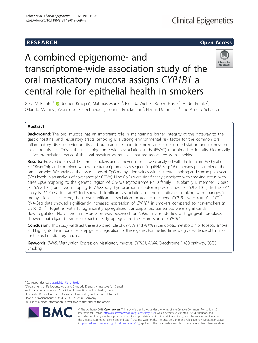 And Transcriptome-Wide Association Study of the Oral Masticatory Mucosa Assigns CYP1B1 a Central Role for Epithelial Health in Smokers Gesa M