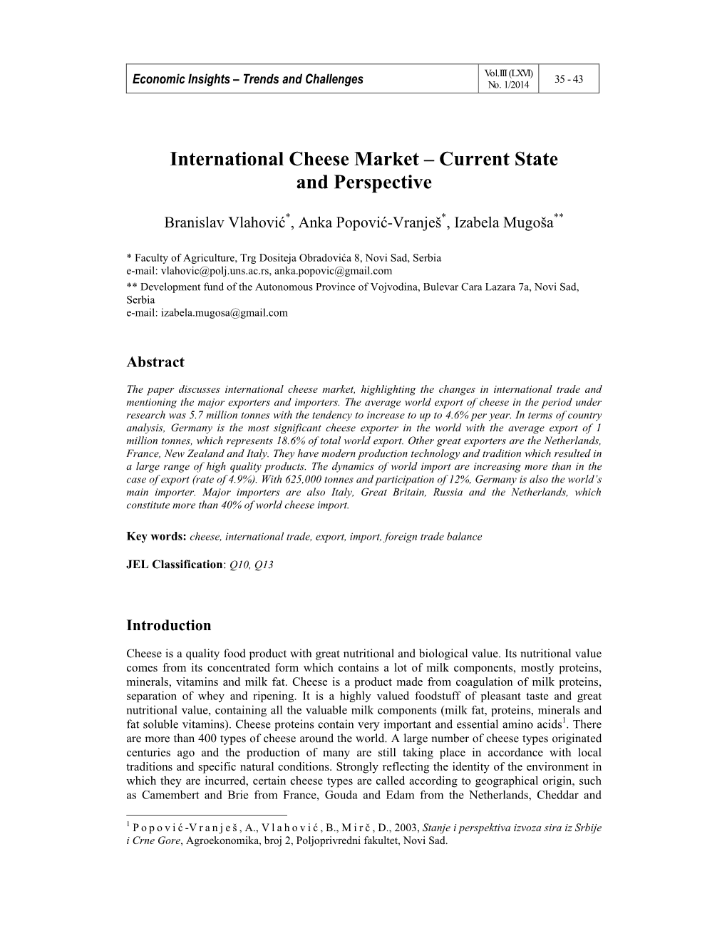 International Cheese Market – Current State and Perspective