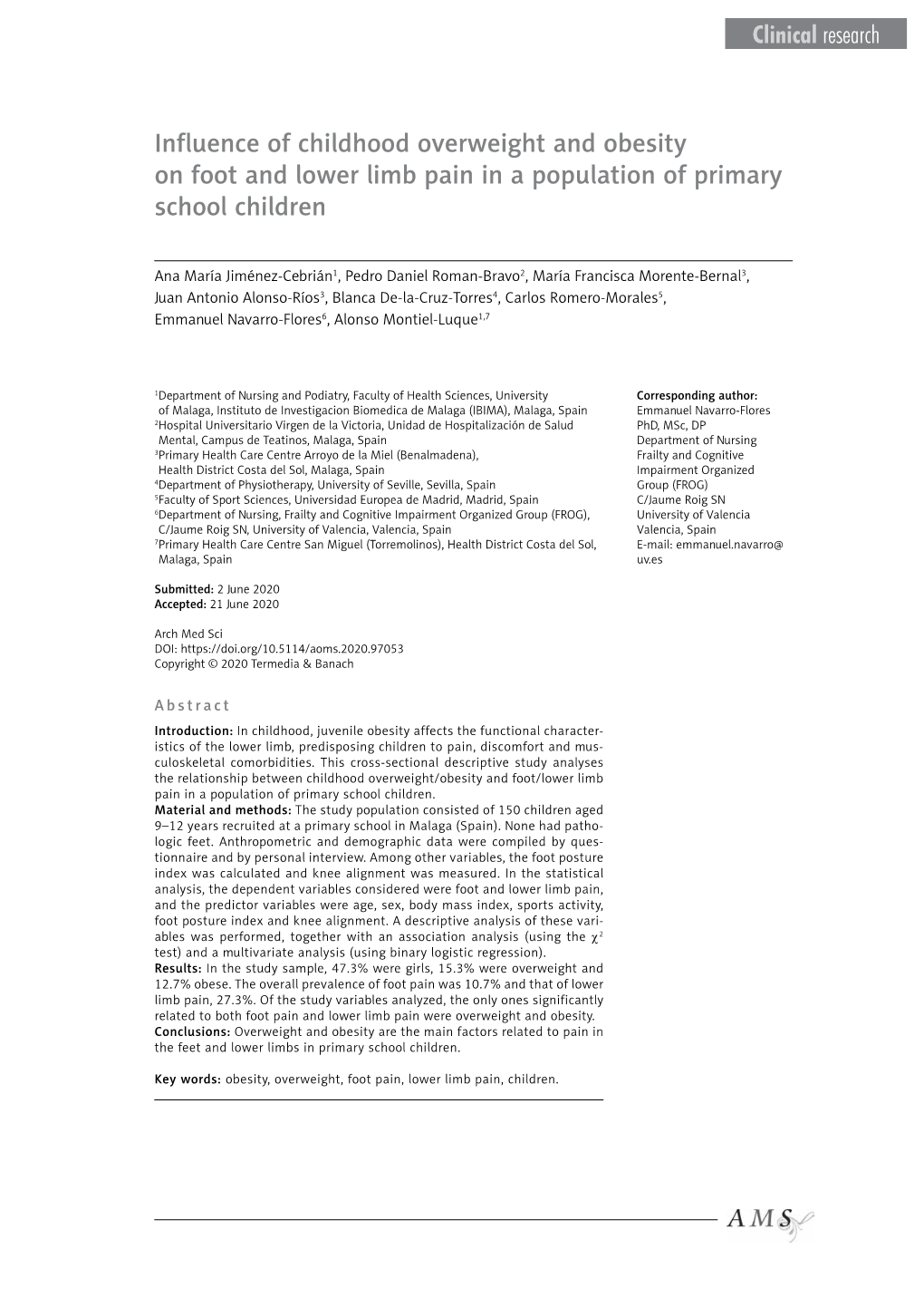 Influence of Childhood Overweight and Obesity on Foot and Lower Limb Pain in a Population of Primary School Children
