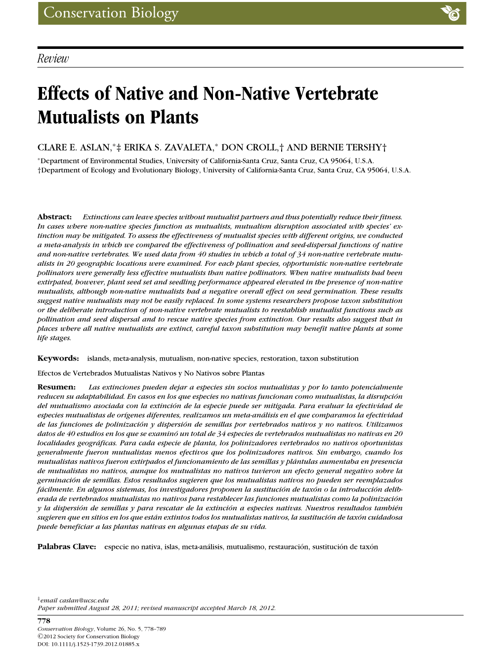 Effects of Native and Nonnative Vertebrate Mutualists on Plants