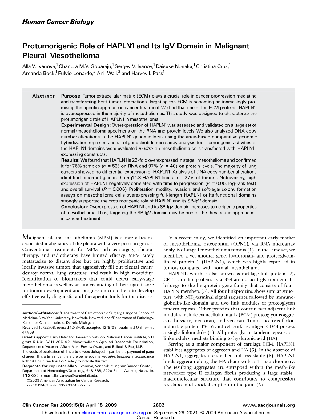 Protumorigenic Role of HAPLN1 and Its Igv Domain in Malignant Pleural Mesothelioma Alla V