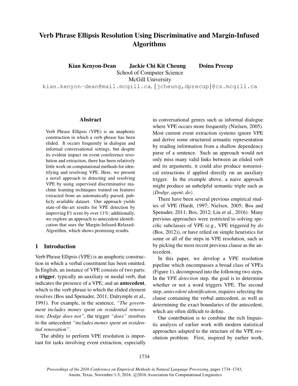 Verb Phrase Ellipsis Resolution Using Discriminative and Margin-Infused Algorithms