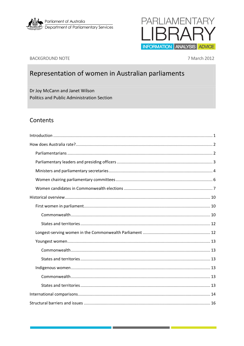 Representation of Women in Australian Parliaments