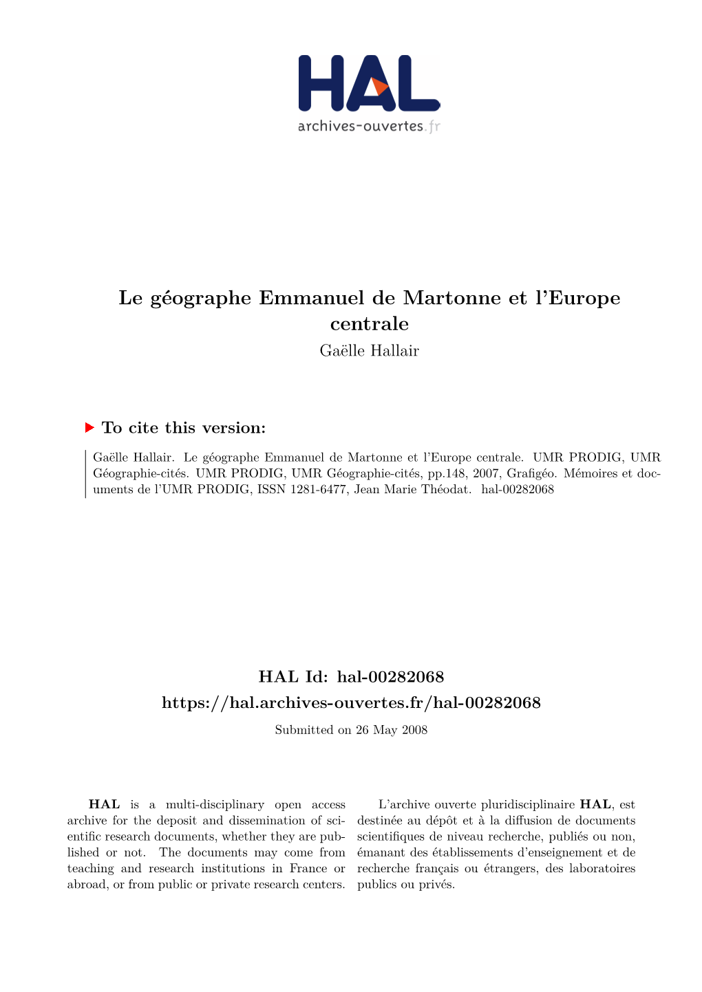 Le Géographe Emmanuel De Martonne Et L'europe Centrale